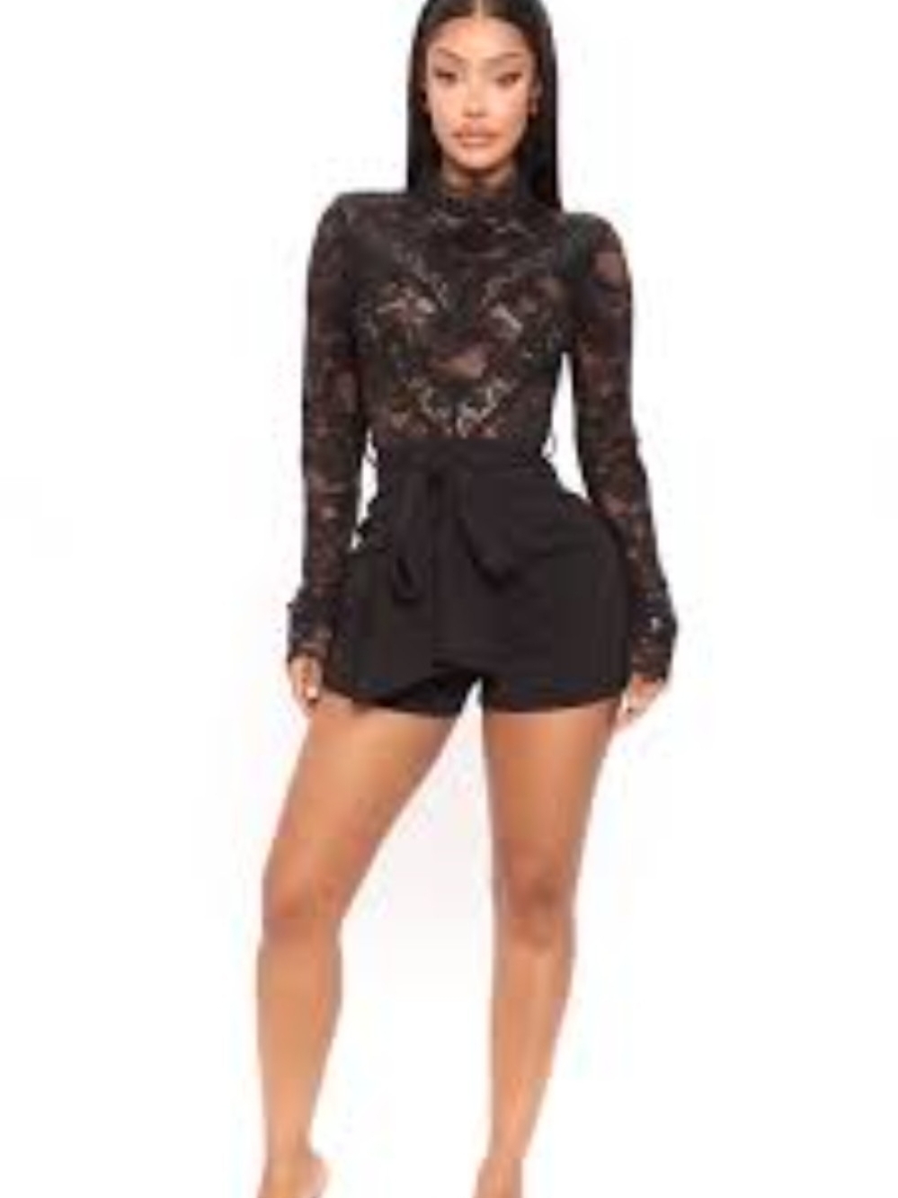 Fashion Nova Black Sheer Lace Mock Neck Bodysuit